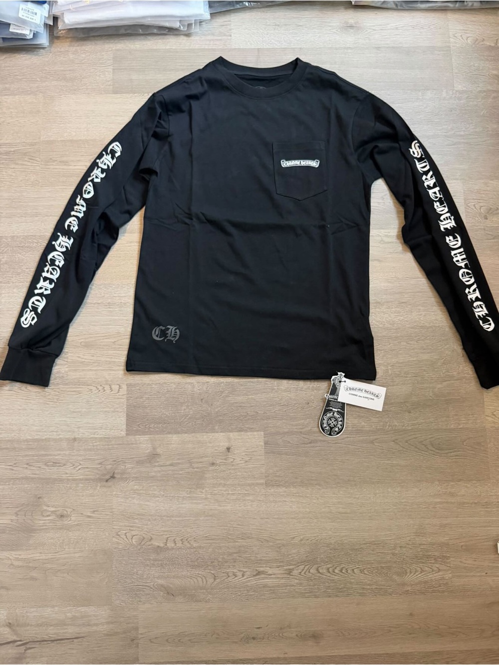 Chrome Hearts Black Long Sleeve Pocket Tee with White Sleeve Script